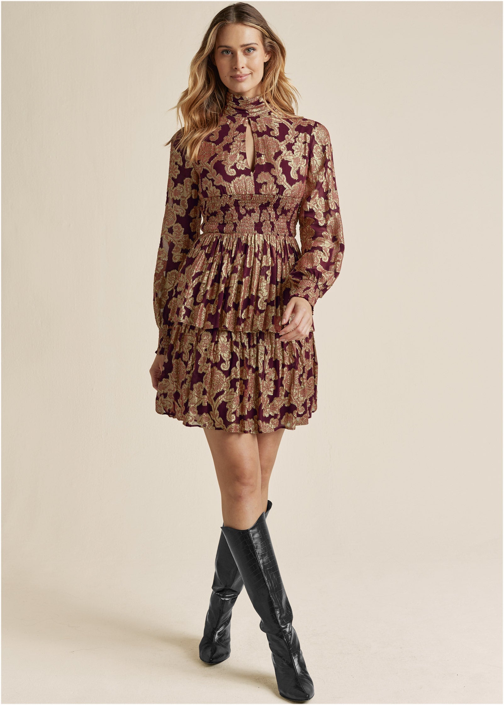 Smocked Waist Jaquard Mini Dress - Wine & Gold