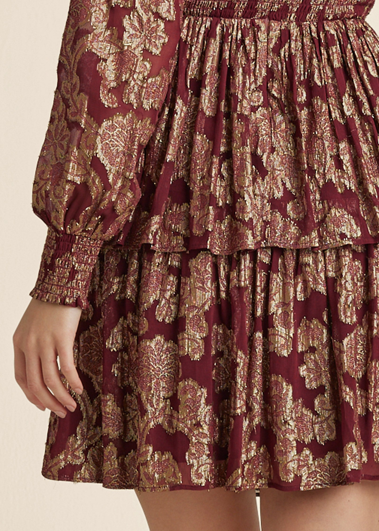 Smocked Waist Jaquard Mini Dress - Wine & Gold - Image 5