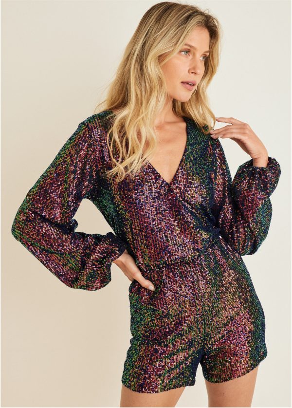 Wrap Sequin Romper - Black Multi