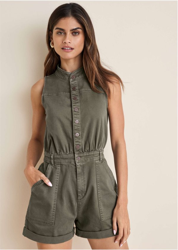 Twill Utility Romper - Olive