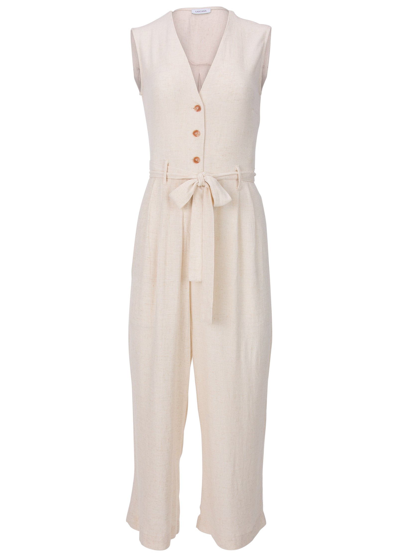 Button Front Linen Jumpsuit - Beige - Image 4