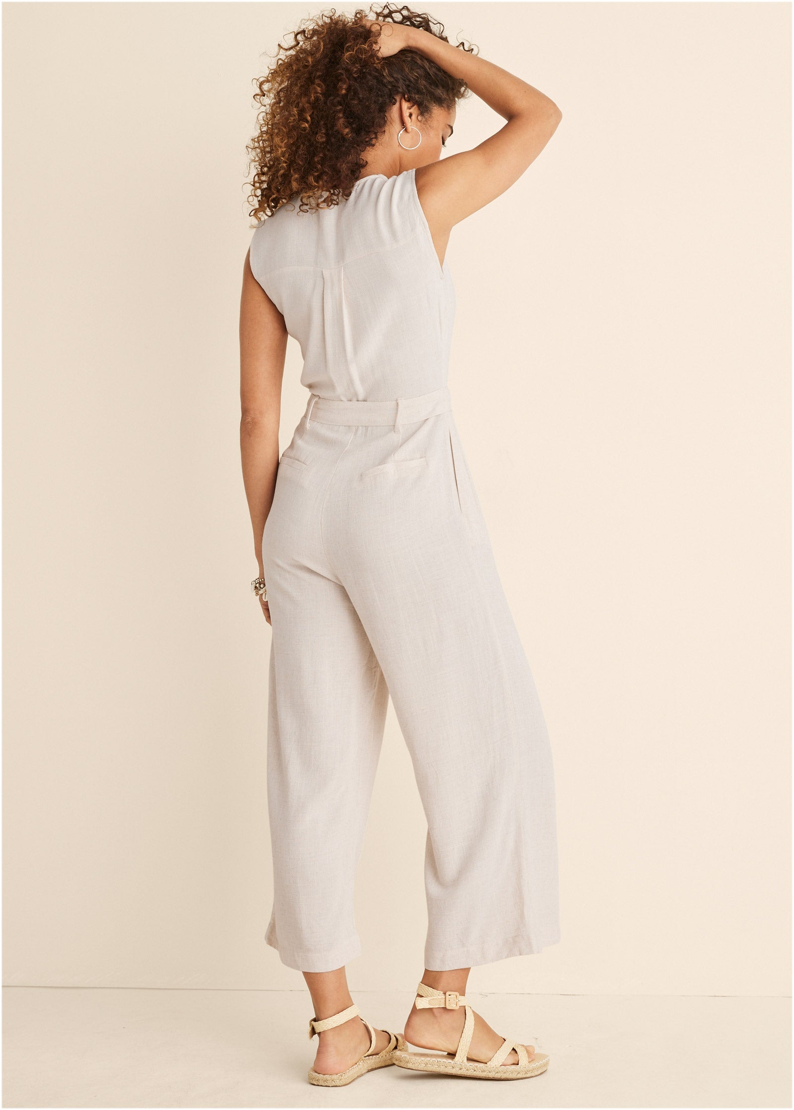 Button Front Linen Jumpsuit - Beige - Image 2