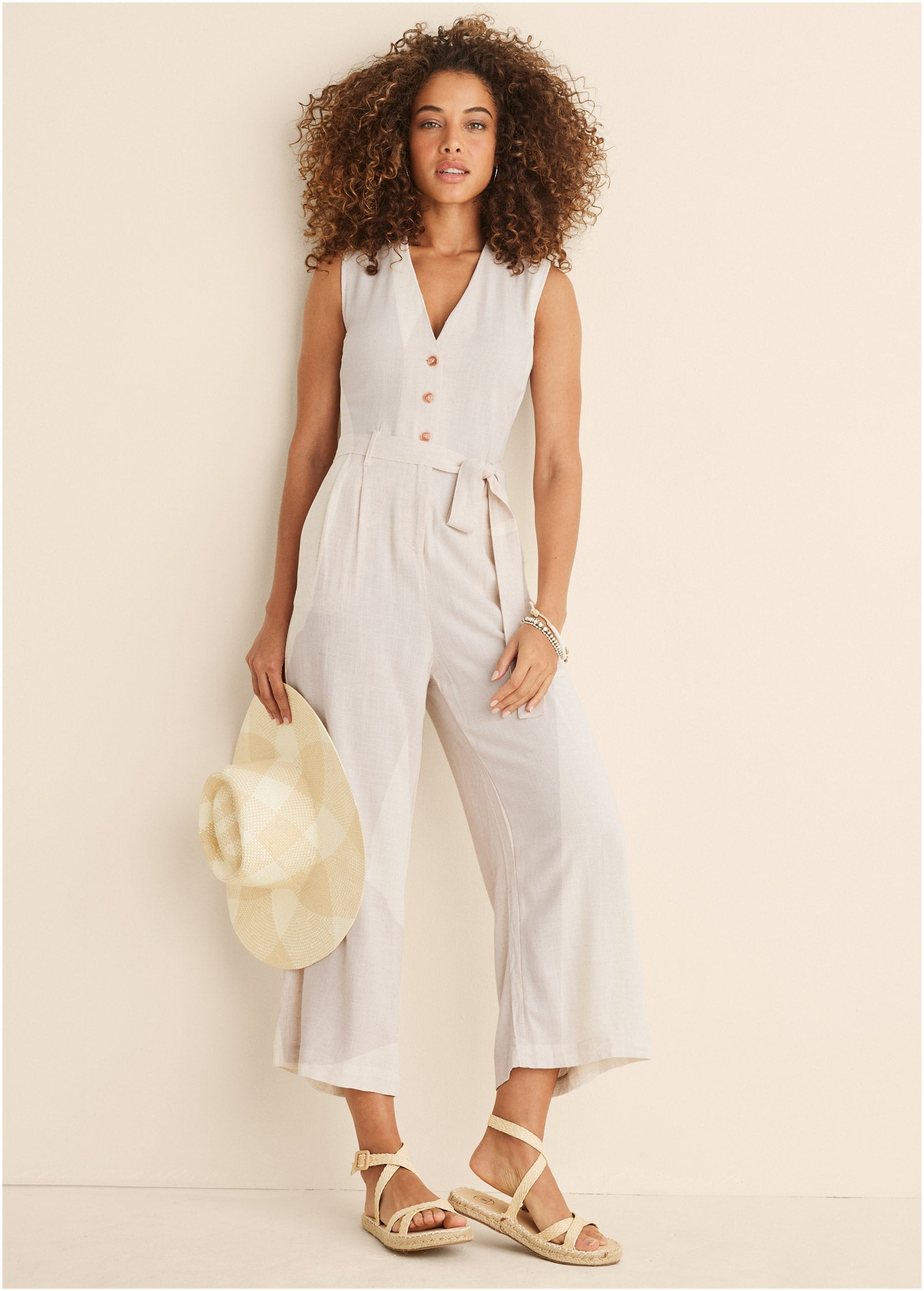 Button Front Linen Jumpsuit - Beige - Image 7