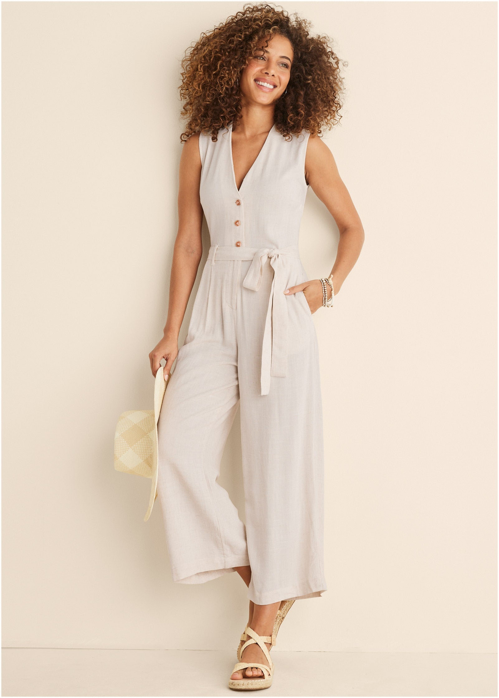 Button Front Linen Jumpsuit - Beige - Image 8